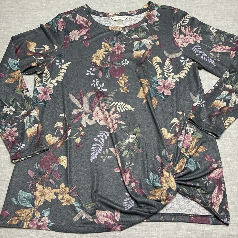 Christopher & Banks Top Womens Large Floral Bird Knit Shirt Twisted Hem Front